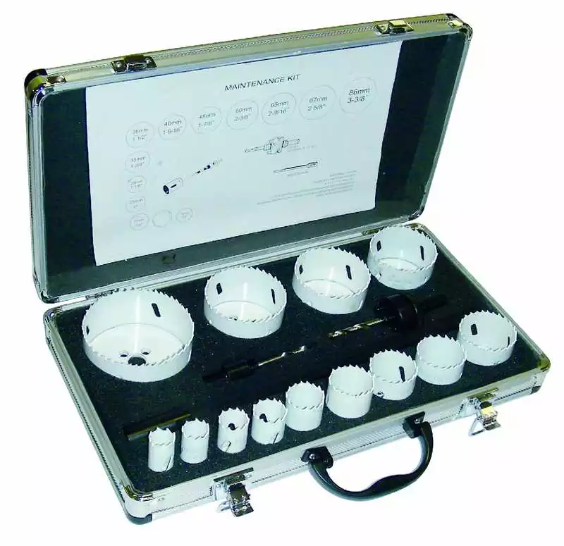 Coffret Trepans 13 pièces multi usages diamètre 19 à 86mm avec 2 mandrins et 1 rallonge Usine Directe