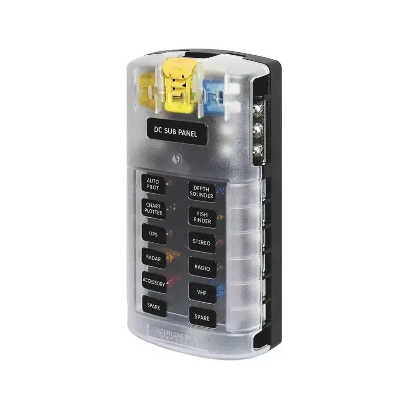 Tableau 12 fusibles verre enfichables bus négatif 6.3 x 32 mm de 1 à 40 Amps Dernier Modèle