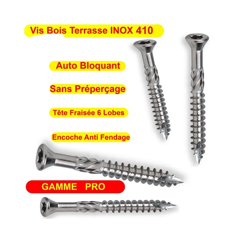 Vis inox410 terrasse bois dur exotique GAMME PRO 4x40 5x50 5x60 5x70 5x80 INOX Promotion