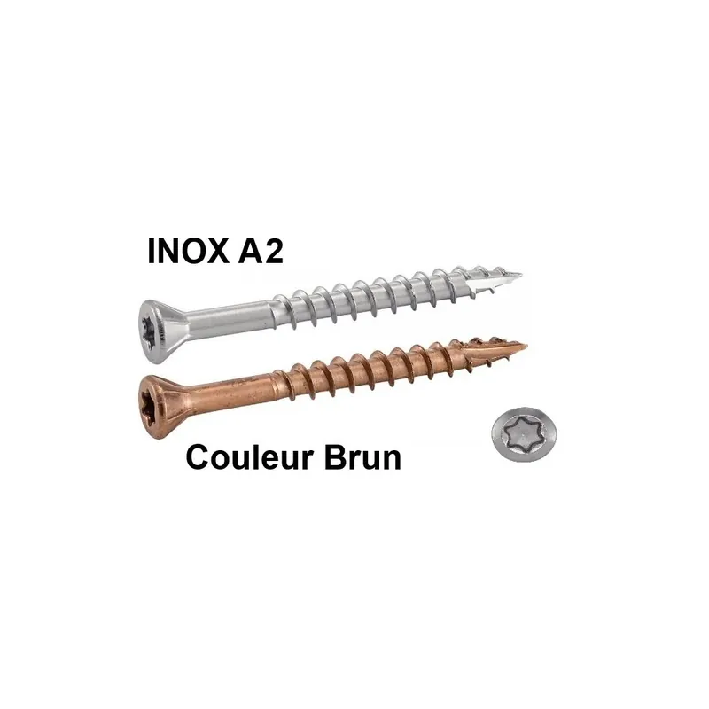 Vis Ø4mm - Ø5mm inox A2 Terrasse Six Lobes inox et Couleur Brun Promotion Saisonnière