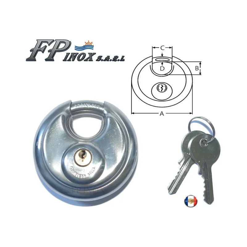 Cadenas rond, disque 70mm en inox + 2 clés Achat Immédiat