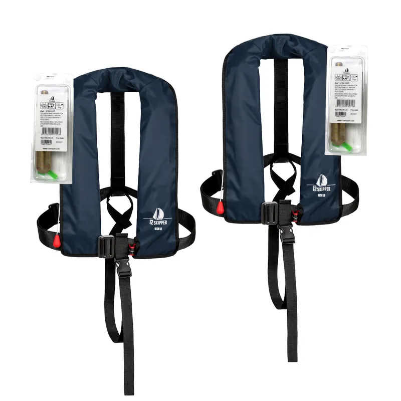 Lot de 2 12skipper gilet de sauvetage automatique 165N ISO avec harnais - bleu marine, inclus 2 kits de réarmement Petit Prix