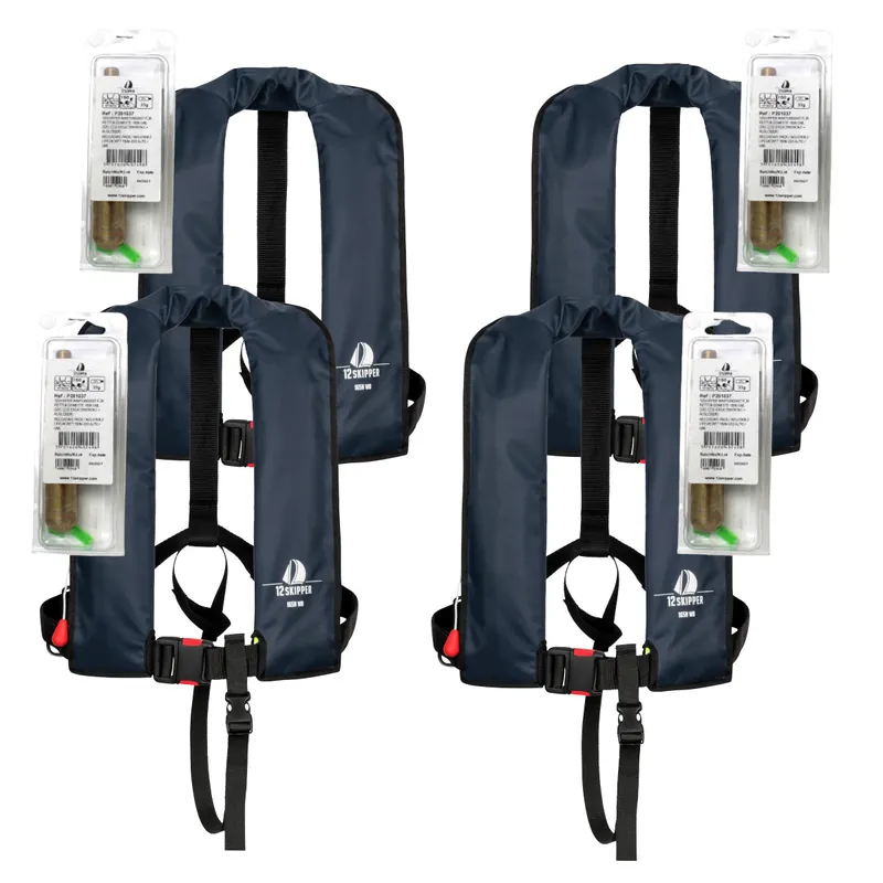 Prix Réduit Lot de 4 12skipper gilet de sauvetage automatique 165N ISO - bleu marine, inclus 4 kits de réarmement