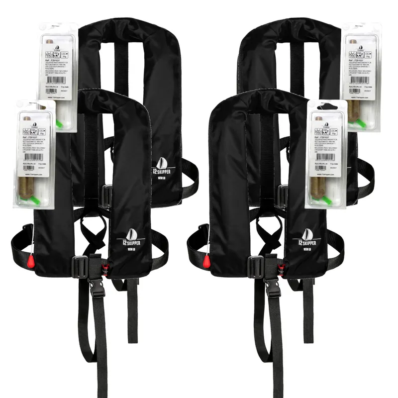 Remise Lot de 4 12skipper gilet de sauvetage automatique 165N ISO avec harnais - noir, inclus 4 kits de réarmement