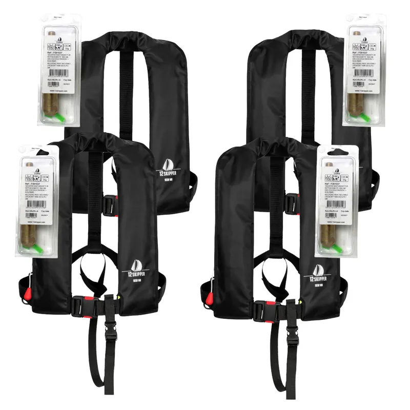 Offre Du Jour Lot de 4 12skipper gilet de sauvetage automatique 165N ISO - noir, inclus 4 kits de réarmement