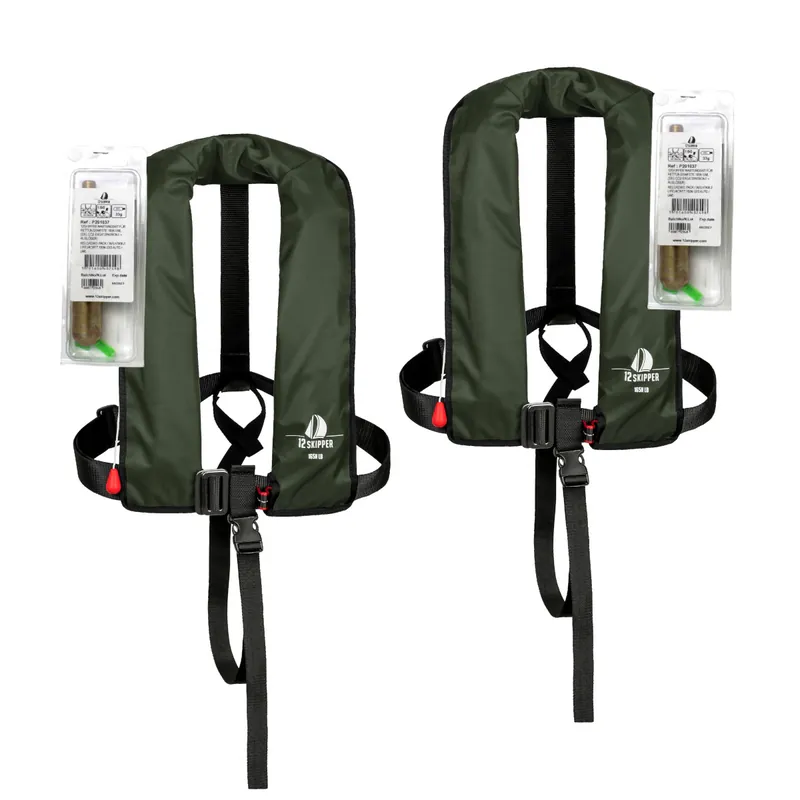 Meilleure Vente Lot de 2 12skipper gilet de sauvetage automatique 165N ISO avec harnais - vert olive, inclus 2 kits de réarmement