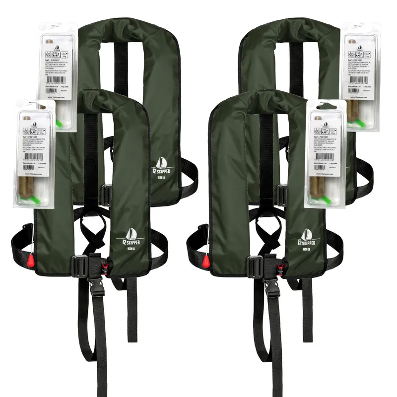 Lot de 4 12skipper gilet de sauvetage automatique 165N ISO avec harnais - vert olive, inclus 4 kits de réarmement Must-Have