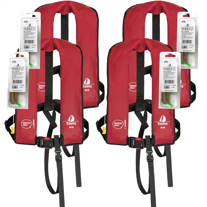 Paiement Sécurisé Lot de 4 12skipper gilet de sauvetage 165N ISO à déclenchement manuel - rouge, inclus 4 kits de réarmement