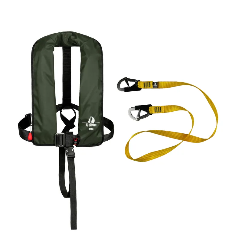 Set 12skipper gilet de sauvetage automatique 165N ISO Harness, olive incl. lifeline Affaire À Saisir