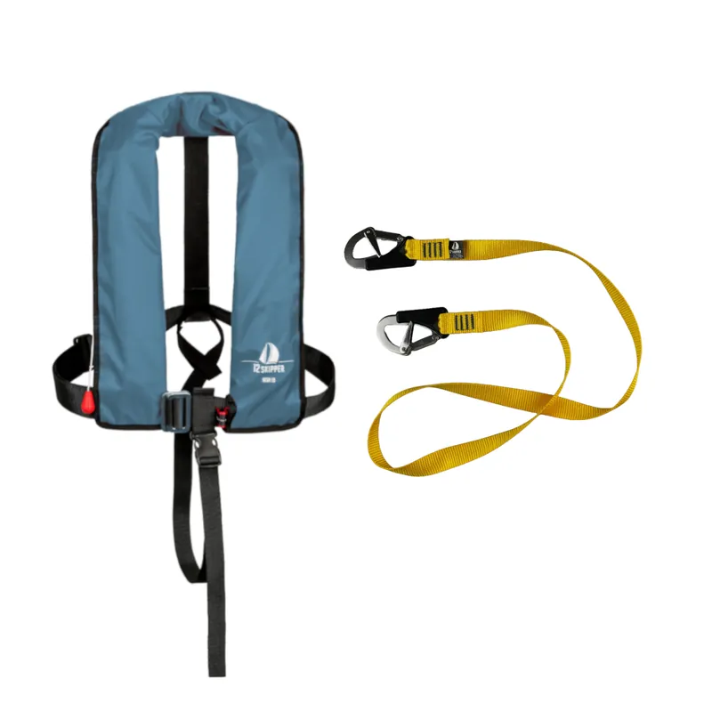 Bon Marché Set 12skipper gilet de sauvetage automatique 165N ISO Harness, bleu acier incl. lifeline