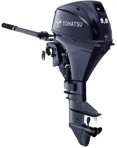 Authentique Moteur hors bord Tohatsu 9,8CV 4T arbre long démarrage électrique barre franche