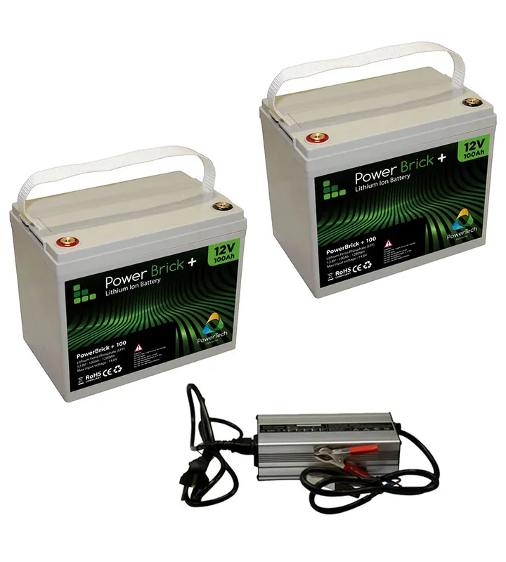Pack 2 batteries lithium 100 Ah Powerbrick + chargeur 24V Prix Bas