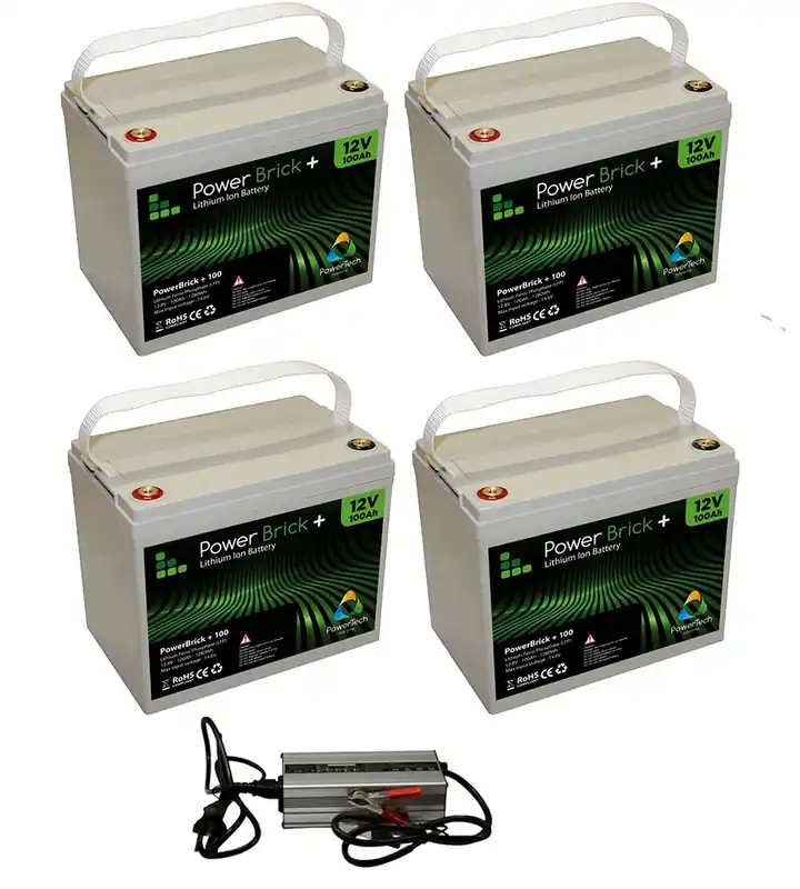 Pack 4 batteries lithium 100 Ah Powerbrick + chargeur 48V Meilleure Vente