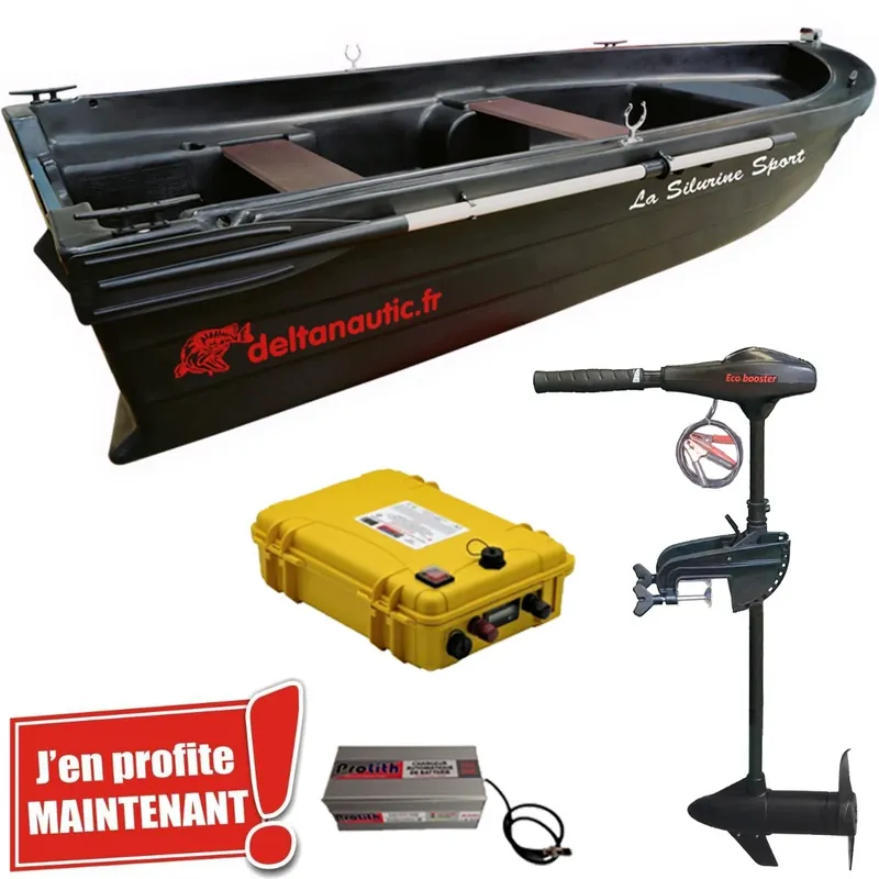 Pack barque Silurine Sport 373 + Eco Booster 70 lbs 12V + valise batterie lithium 120A + chargeur Commande En Gros