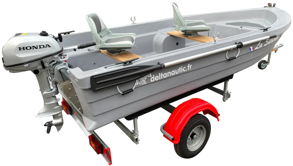 Pack barque Silurine Sport 3m73 + Honda 6CV 4T+ remorque GT + 2 Sièges conforts luxes Meilleure Vente