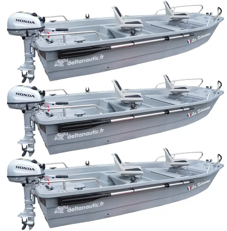 Dernière Chance Lot de 3 Packs Barques Silurine 4m Titanium + Honda 6cv + Sièges + Balcons Inox