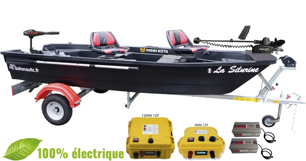 Produit De Marque Pack barque Silurine 400 Black Fish + Moteur Eco Booster V 70 Lbs + Remorque GT + Moteur Terrova 55 Lbs GPS + batteries lithium