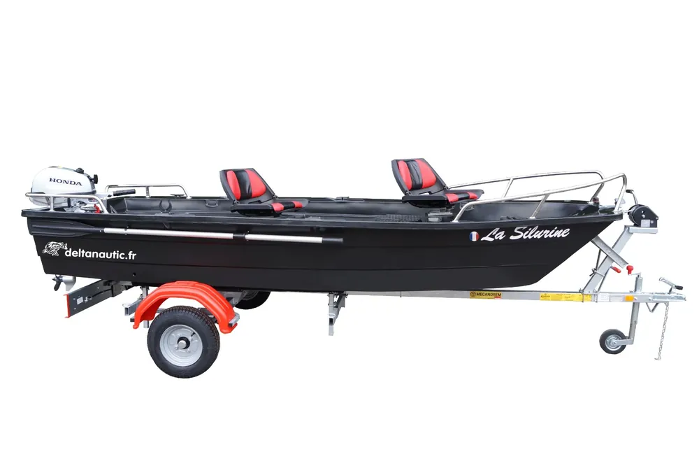 Nouvel Arrivage Pack Barque Silurine 4m blacky + Remorque GT + Honda 6cv + 2 sièges + Balcons inox