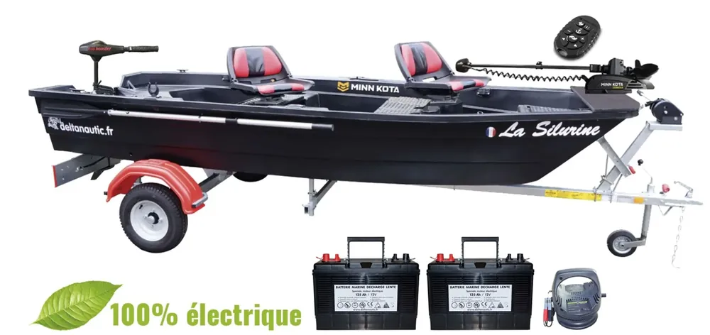 Pack barque E-Lite Silurine 400 Black Fish + Moteur Eco Booster V 70 Lbs + Remorque GT + Moteur Avant Powerdrive 55 Lbs GPS + batteries Commander Maintenant